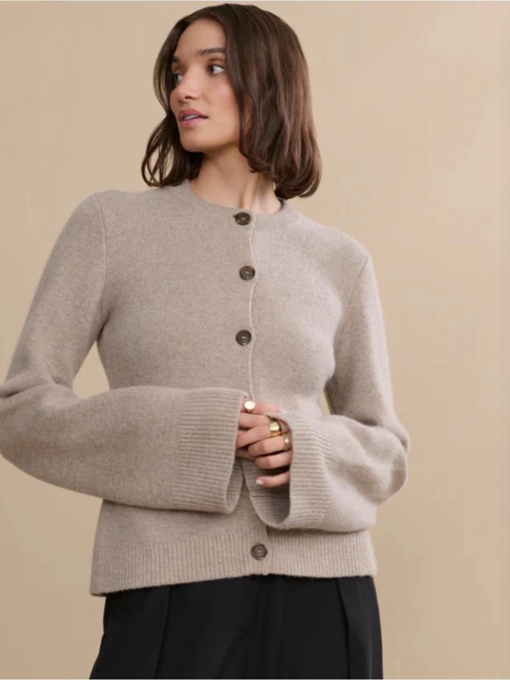 Jenni Kane Classic Button-Up Knit Cardigan in Taupe